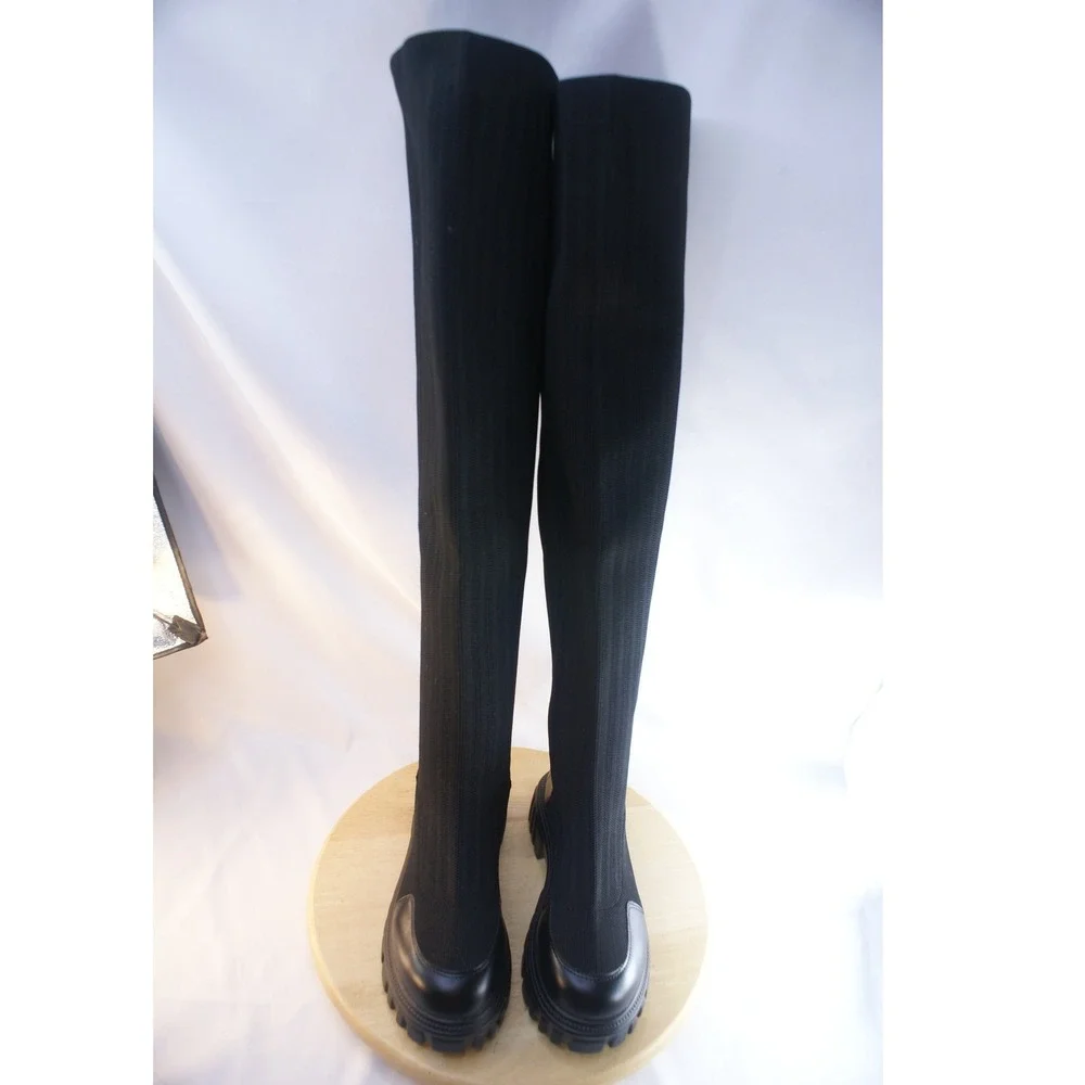 Cincoo Womens Black Ribbed Knit Over The Knee Lug Sole Platform Boots Size 6.5